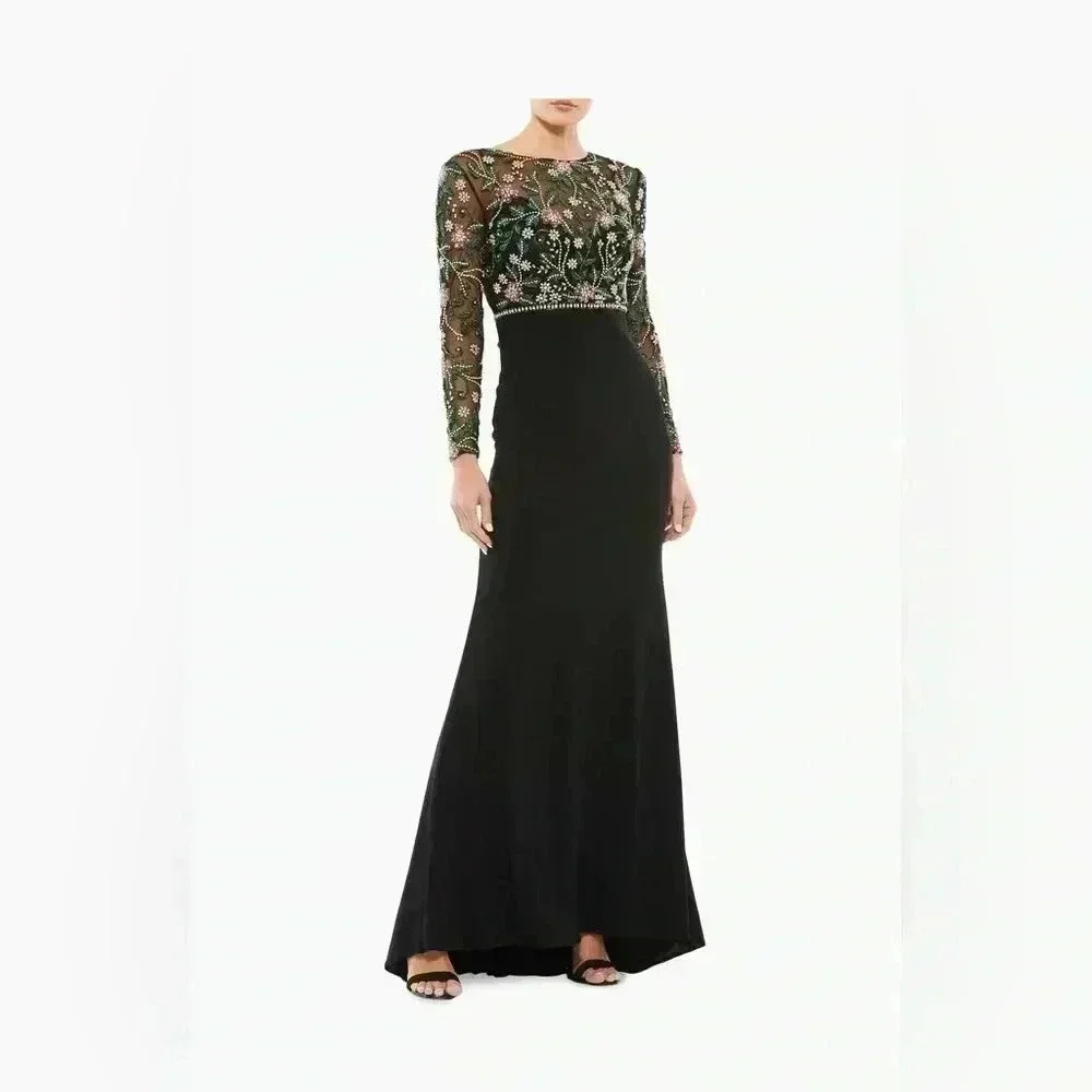 Mac Duggal Black Dress with Green Floral Sleeves - Picture 1 of 9